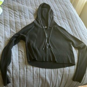 Black Ribbed Cropped Hoodie